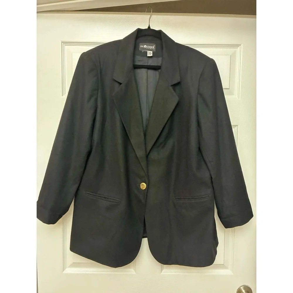 Sag Harbor Woman Womens 16 Black 100% Wool Blazer Jacket Gold Button Career